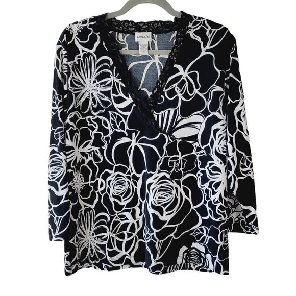Chico's Surplice Blouse Sz 2 (Lg) Black & White Floral Lace Trimmed Neck 3/4 SLV - Picture 1 of 7